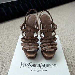 YSL Hamptons 105 Tribute Tan Platform Sandal